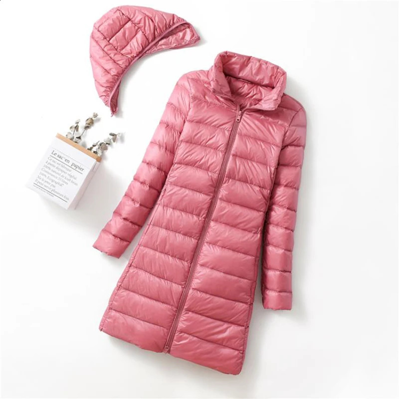 Winter Womens Korean Fashion Ultra Thin Detachable Hoodie Parka Fashion Jacket Down Jacket Long Light Thin Jacket Buffer Jacket 240913