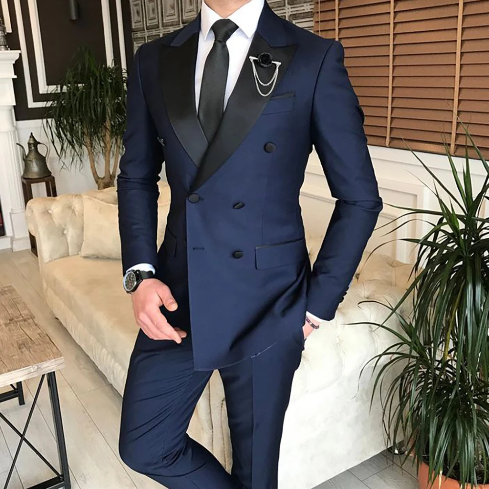 Elegant Navy Blue Men Suits Double Breasted Business Blazer Fashion Flim Fit 2 Piece Jacket Pants Costume Homme Pour Mariage 240914