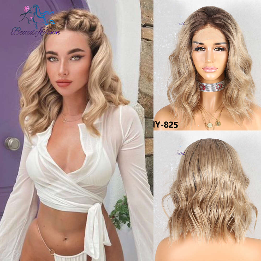 Blonde Colored 13X3 Synthetic Front Sier Grey Ash Brown Short Bob Body Wave HD Transparent Lace Cosplay Wig