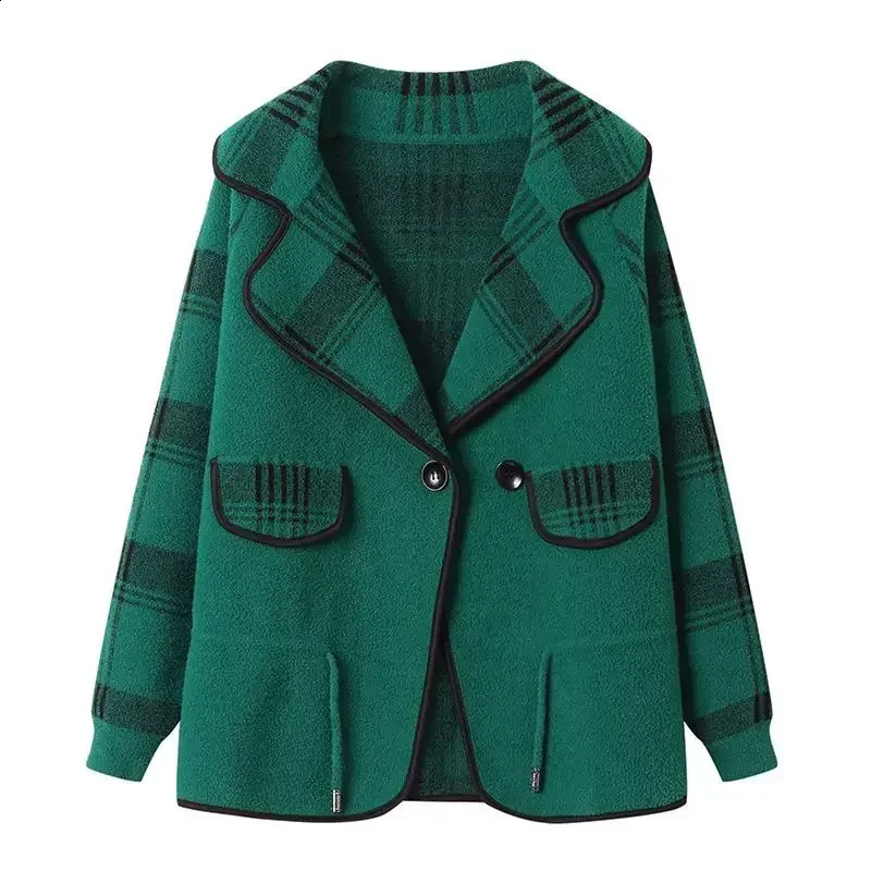 Colorblock Plaid Crop Clothes Coats for Women Loose Wool Blend Blazer Woman Check Short Tweed Outerwears Green Jacket Spring 240911