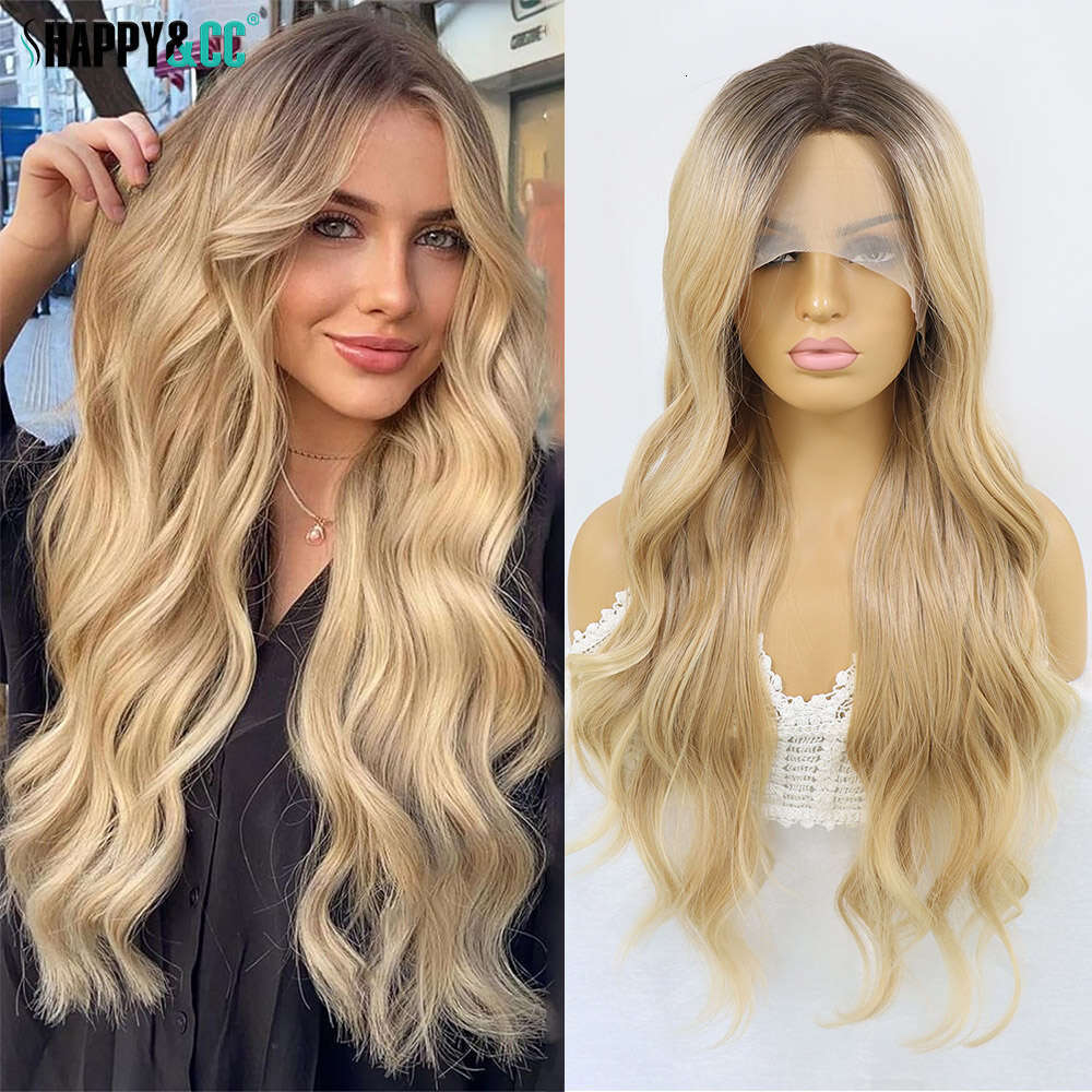 Ash Synthetic Lace Front Wig Long Highlight Natural Wave For Women Dark Roots Blonde Straight Heat Resistant Cosplay Wigs