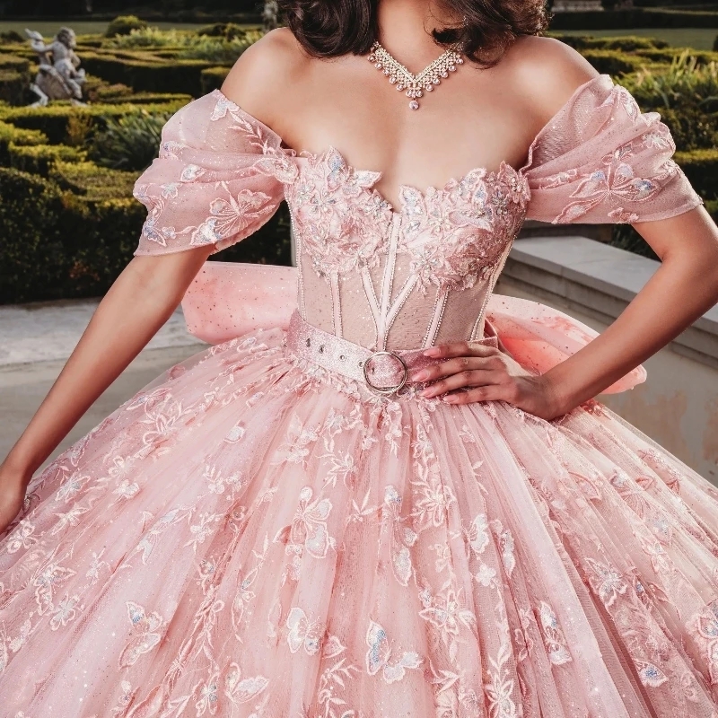 Pink Off The Shoulder Princess Ball Gown Quinceanera Dresses Classic 3D Bow Applique Beads Tull Sweet 16 Dress Vestidos 15 De Anos