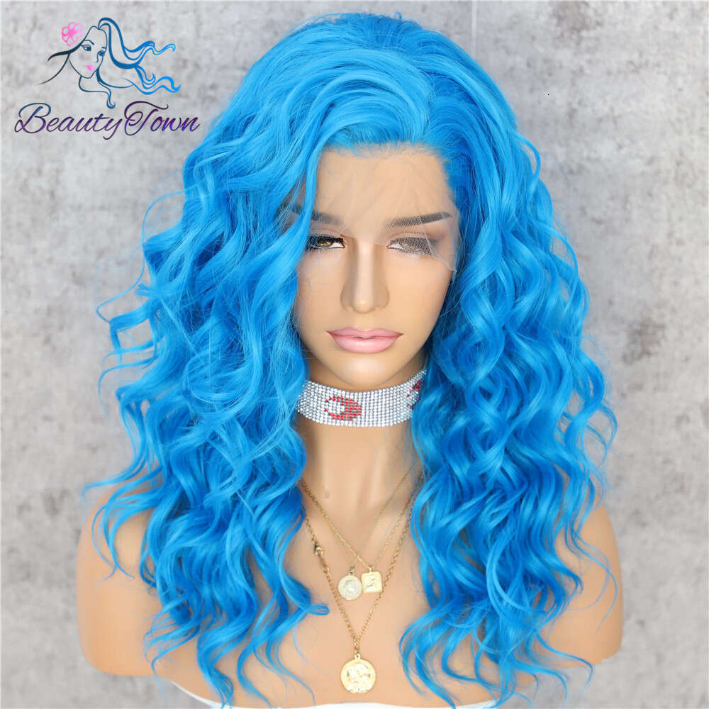 Short Wavy Synthetic Lace Front Wig Quality Blue 16'' Natural Pre-Plucked Haire Heat Resistant Women's Wigs For Daily Makeup