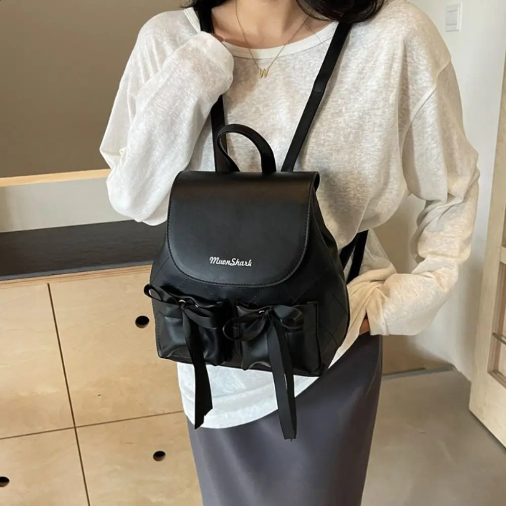 Korean style bow backpack ballet style large capacity nylon drawstring Knapsack solid color double bow Y2k backpack 240912
