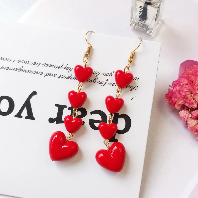 Korean Style Lovely Heart Pendant Long Tassel Earrings Red Peach Drop Ear For Women Girls Gift Wholesale 240906
