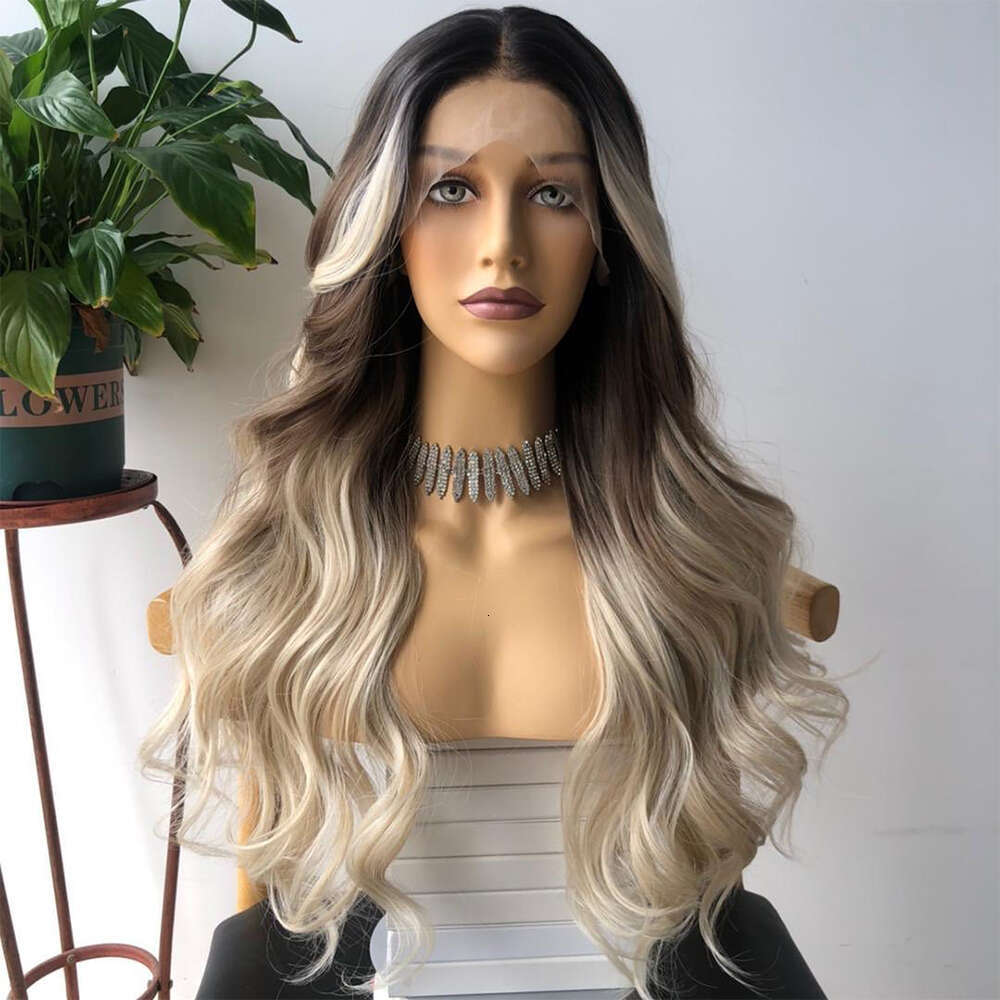 Grey 13X3 Synthetic Lace Front Ombre Brown Blonde Body Wave Wigs For Women Heat Resistant Cosplay Daily Use Wig 180%