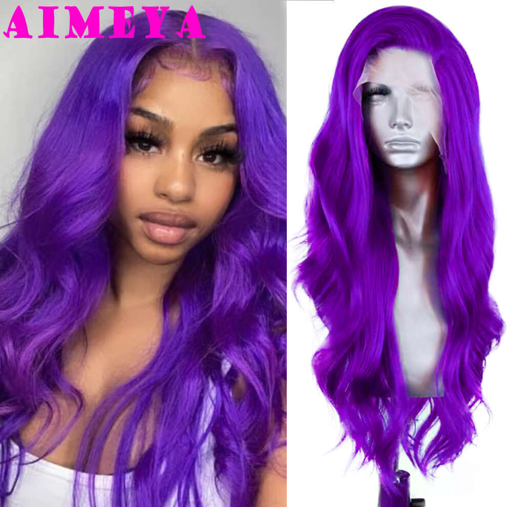 AIMEYA Purple Lace Front For Women Girls Long Natural Wave Synthetic Wig Soft Heat Resistant Hair Daily Use Cosplay Wigs