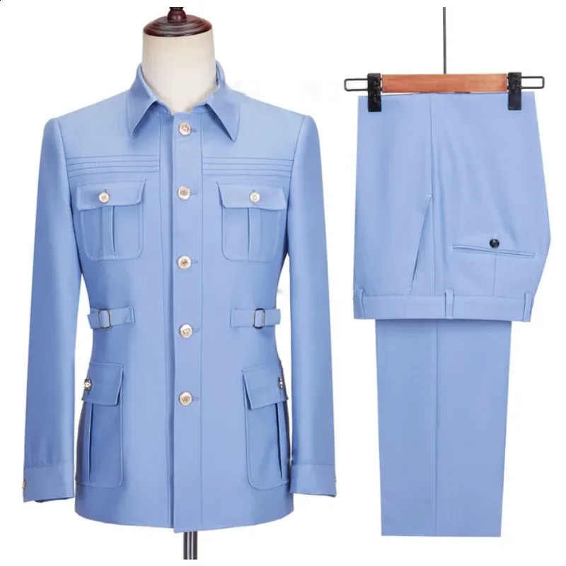 Fashion Men Suits High Quality Stand Collar Single Breasted Male Casual Daily Wedding Two Piece Blazer Pants Set 240914