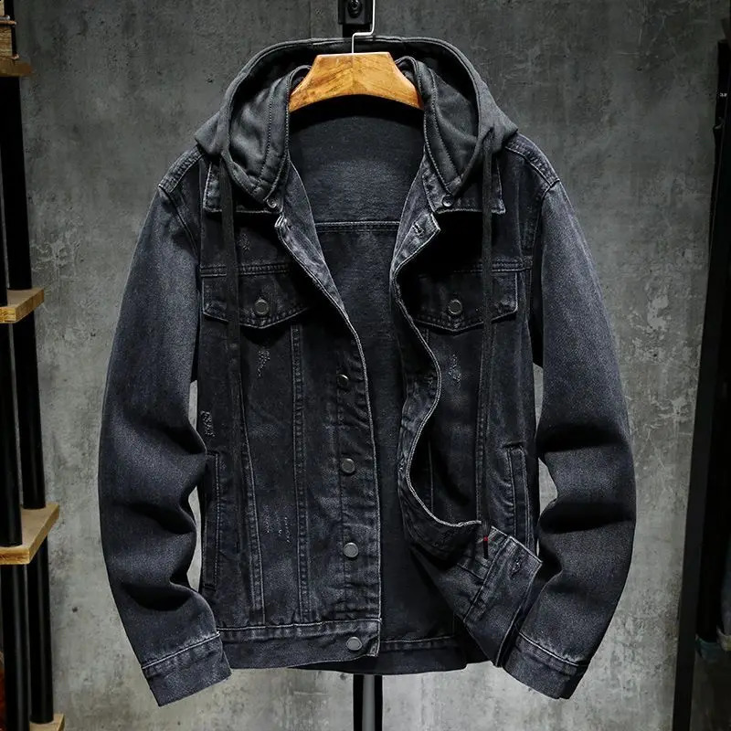 Black denim jacket mens spring 2023 hooded detachable loose fitting versatile casual top winter men 240905
