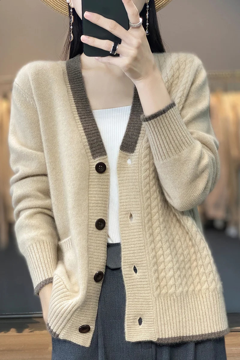 Spring womens sweater fashionable casual jacket cardigan long sleeved Vneck 100% wool knitted top plus size 240912