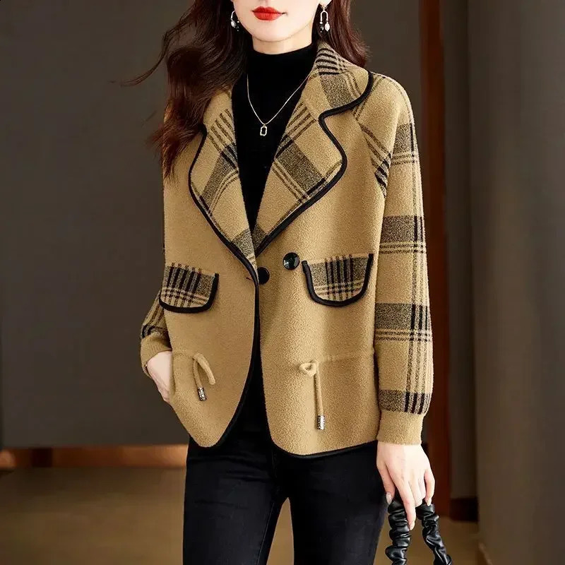 Colorblock Plaid Crop Clothes Coats for Women Loose Wool Blend Blazer Woman Check Short Tweed Outerwears Green Jacket Spring 240911