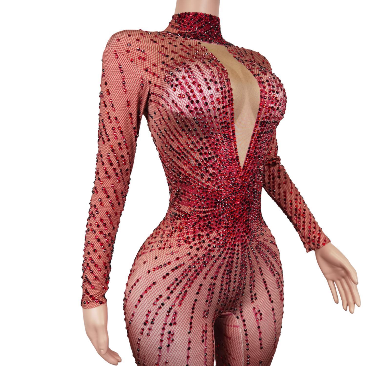 Sparkle Red Dia Bodysuits Women Bodycon Long Sleeve Leotards V-Neck Stage Costumes Ladies Sexy Rhie One Piece Jumpsuit