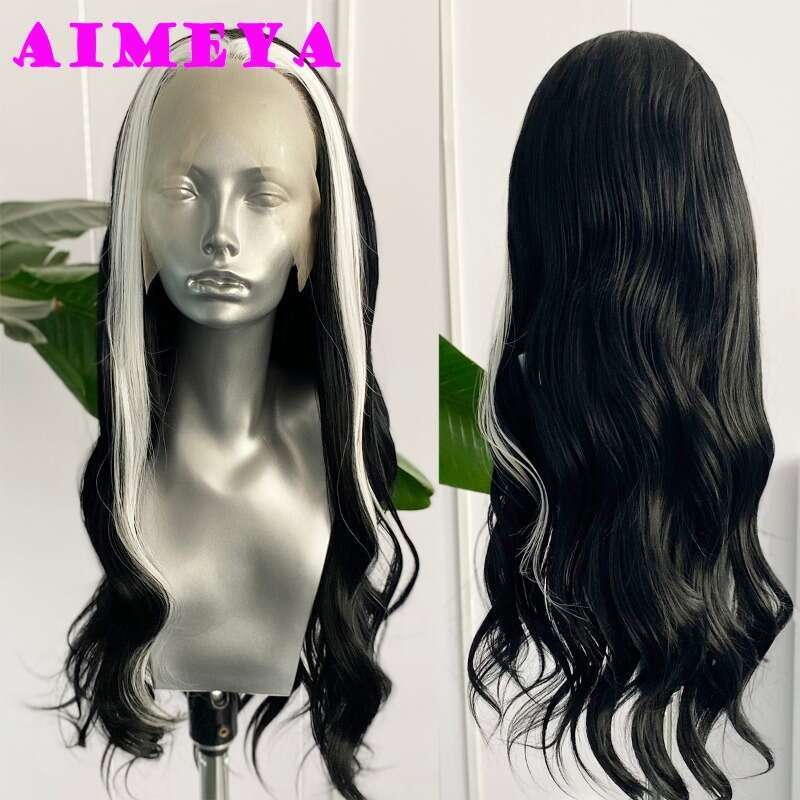 AIMEYA Black White Highlights Lace Front Synthetic Wig Long Natural Wave Heat Resistant Daily Use Cosplay Wigs Free Part