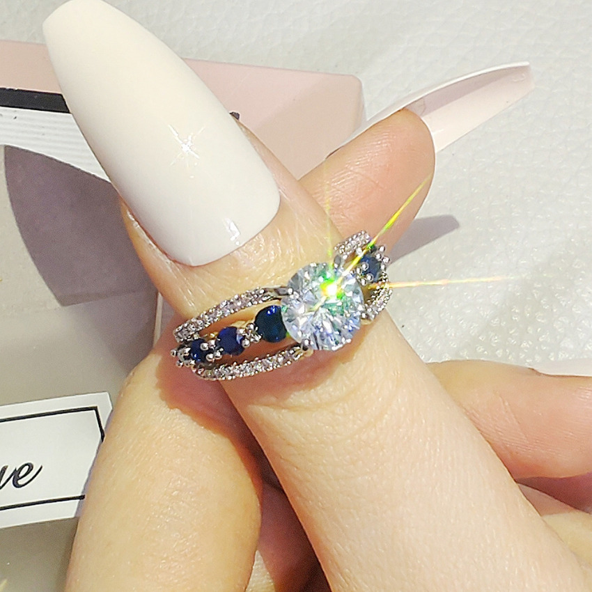 Designer Jewellery High Quality Silver Plated Zircon Inlaid Hollow Out Sapphire Crystal Ring Brass Wedding Accessories for Party Occasion Textured Ele
