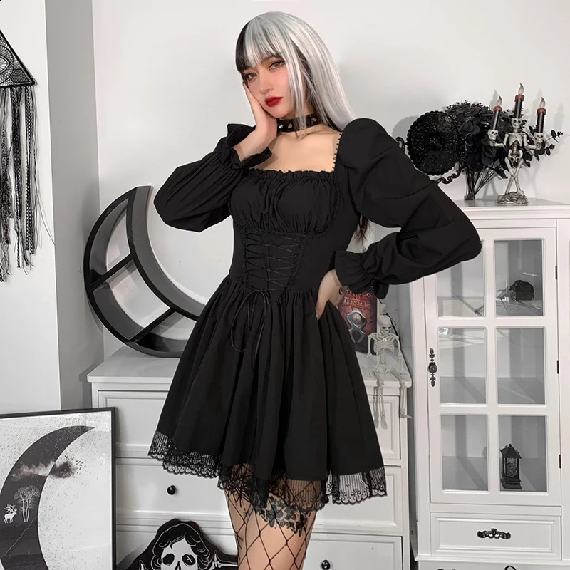 Long sleeved Lolita black dress Gothic aesthetic puff sleeves high waisted retro belt lace decoration party clothing womens 240913