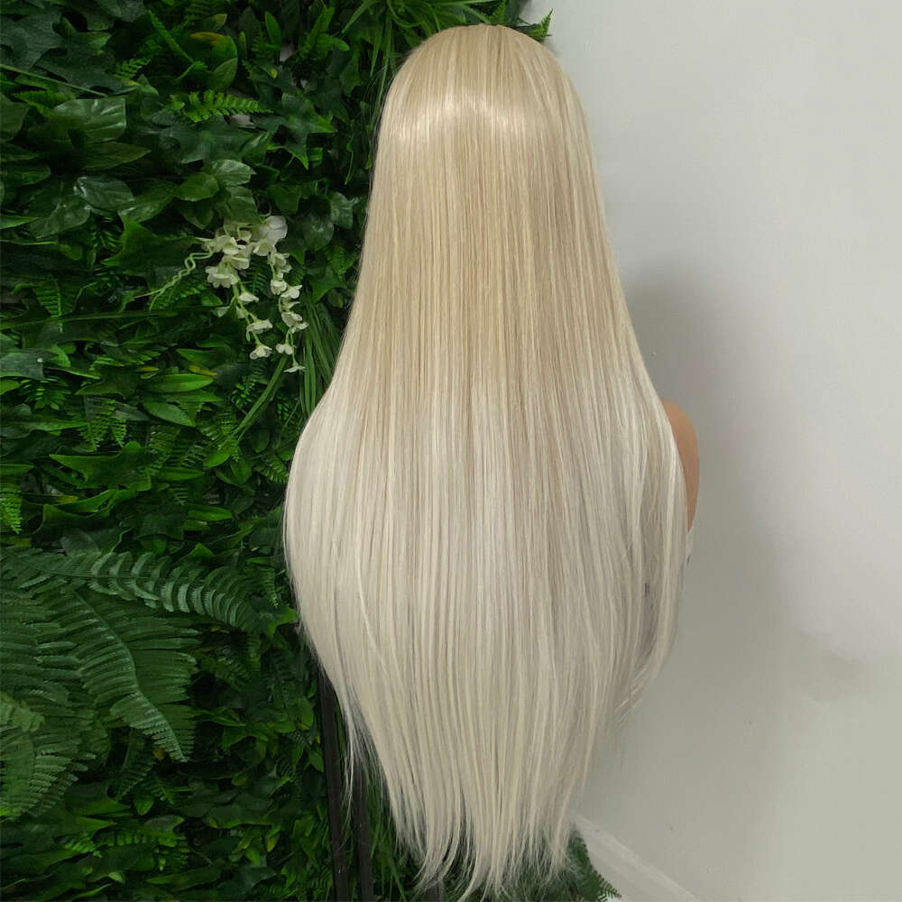 Heat Safe Synthetic Fibre Light Blonde Highlights Straight Lace Frontal Wig Blend Human Hair 13X4 Ready To Ship