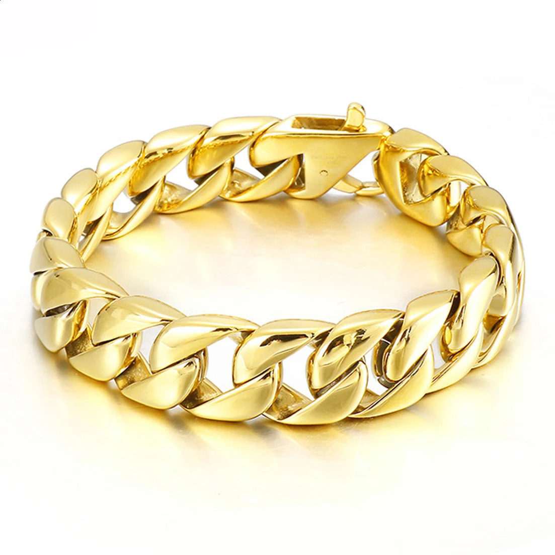 High polished silvergoldblack tone mens 316L stainless steel curly Cuban chain bracelet fashion casual jewelry 15mm 240912