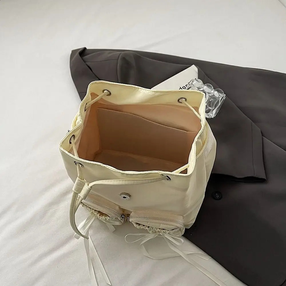 Leisure Korean drawstring backpack bow ballet style nylon bag solid color bucket bag bow shoulder bag 240912