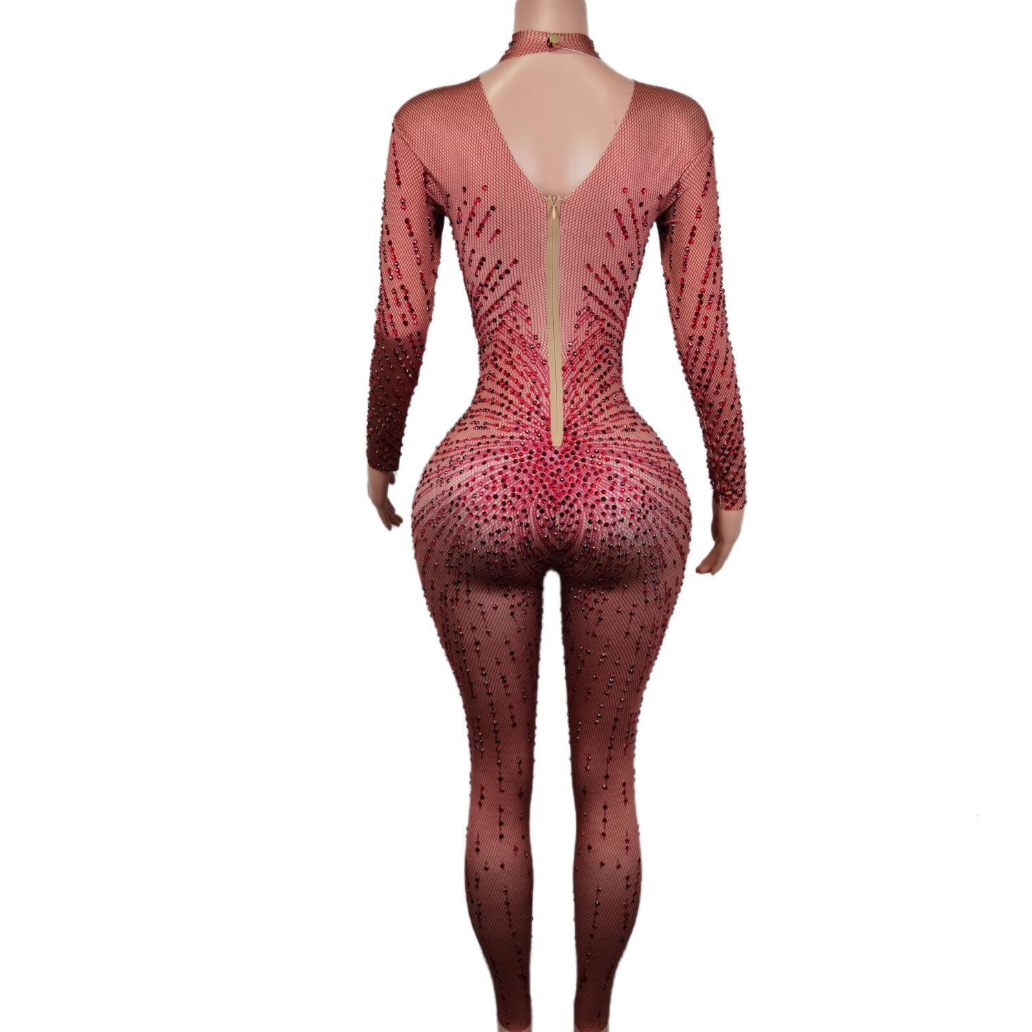 Sparkle Red Dia Bodysuits Women Bodycon Long Sleeve Leotards V-Neck Stage Costumes Ladies Sexy Rhie One Piece Jumpsuit