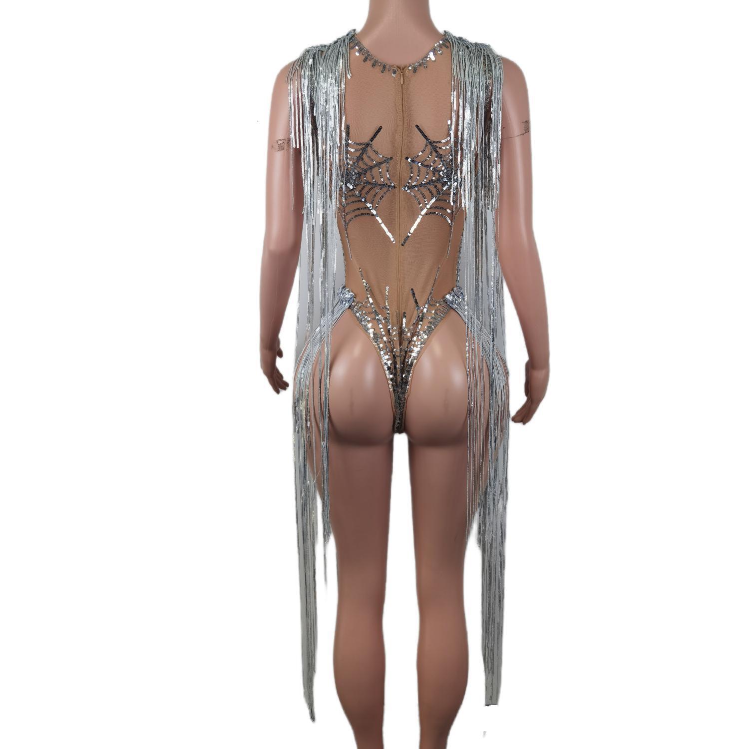Sliver Spider Web Sequins Women Bodysuit Dance Performance Costumes Shining Tassel Sleeveless Romper Lady Sexy Fringes Jumpsuit
