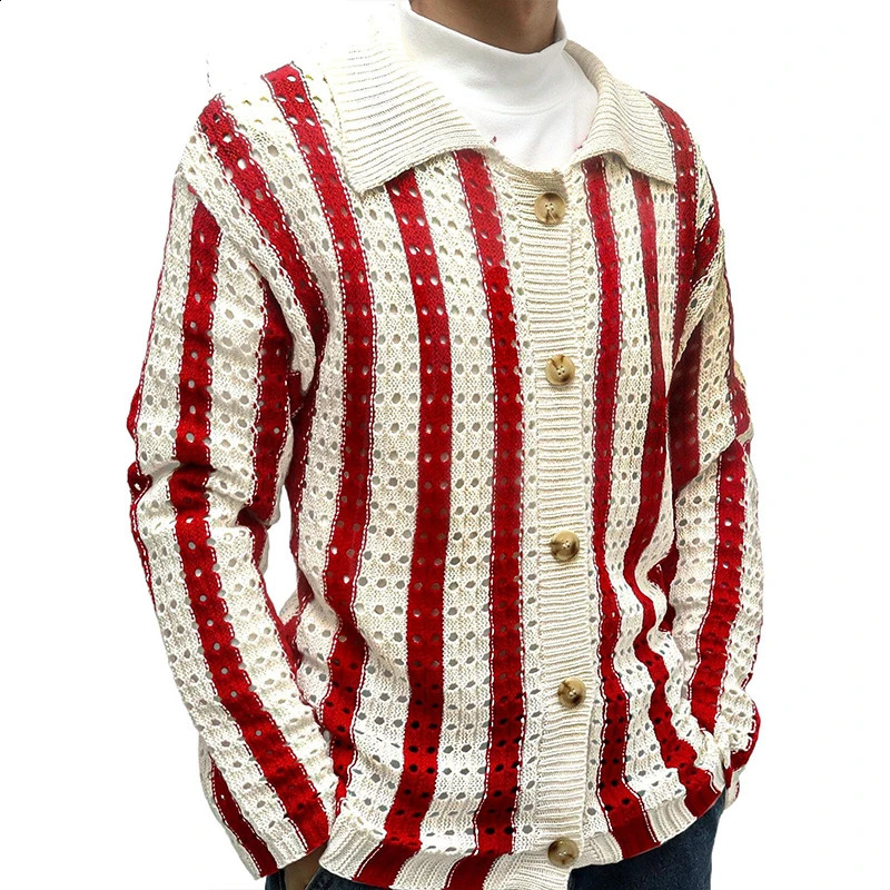 Mens hollow cardigan sweater casual long sleeved lapel button retro y fashion knit 240906