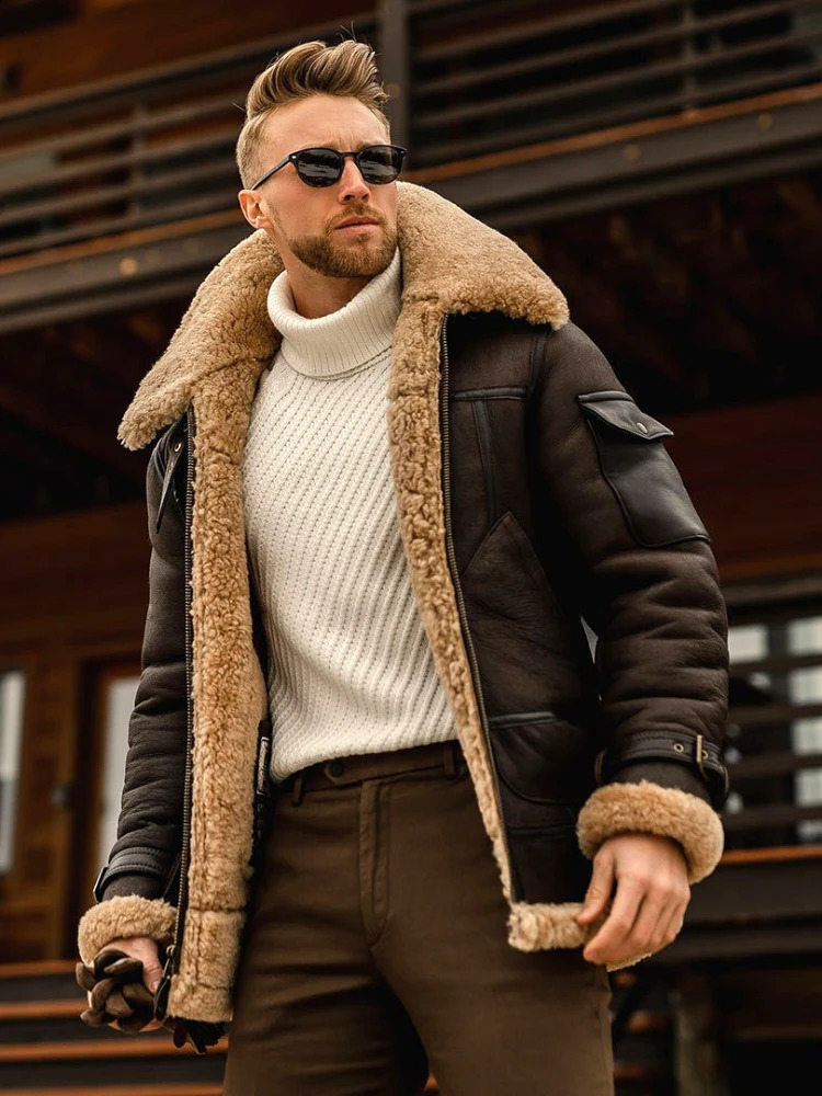 Autumn/Winter Premium Mens Fur Medium Thick Leather Jacket 241007