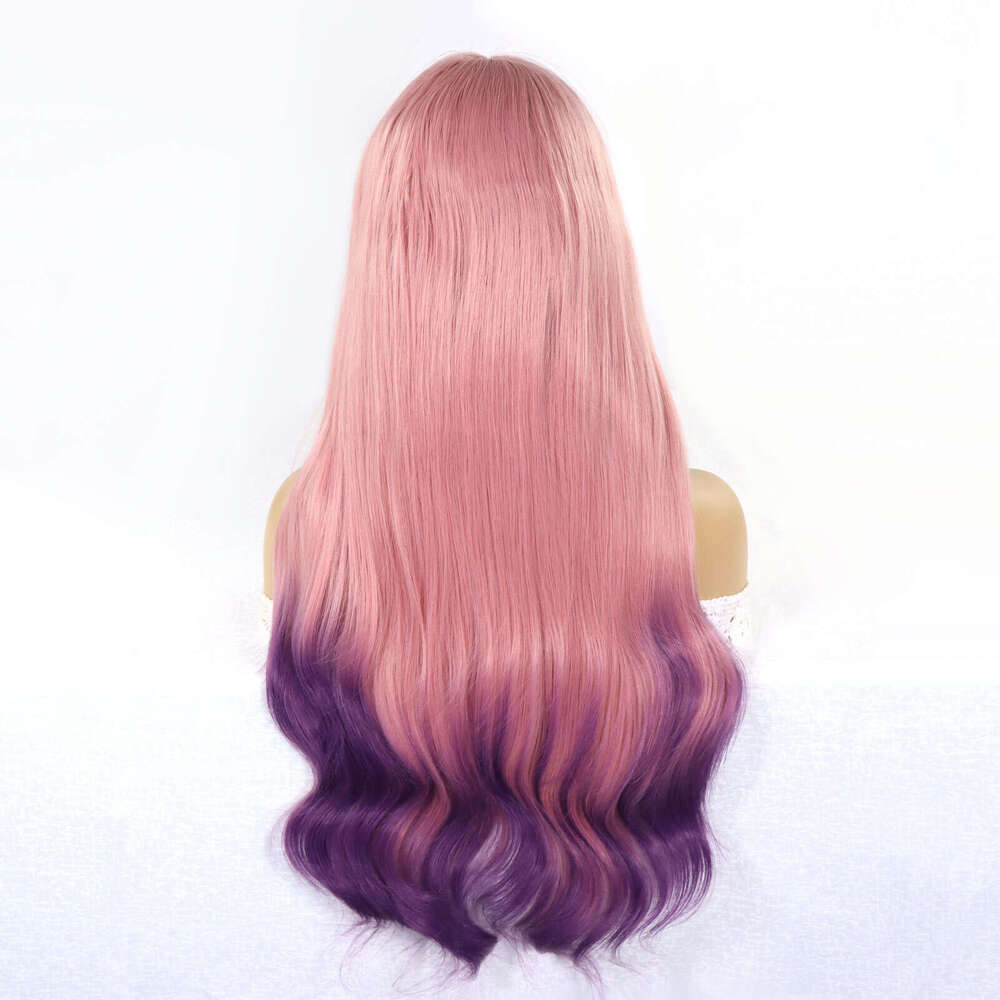 Ombre Pink Purple Front Wigs Natural Wave Cosplay Colored Pre Plucked Transpart Lace Synthetic Wig For Women Party