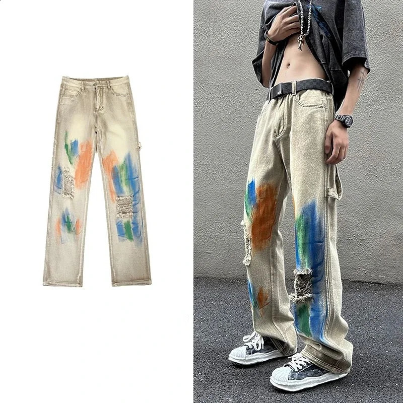 Trousers Ripped with Holes Male Cowboy Pants Wide Leg Jeans for Men Beige Hip Hop Torn Retro Tie Dye Broken Y 2k Vintage Kpop 240911