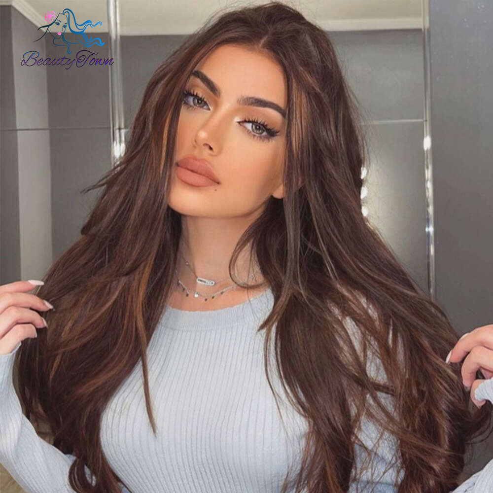 13X3 Front Sliver Brown Highlight Colored Synthetic Body Wave HD Transparent Lace Cosplay Party Wig