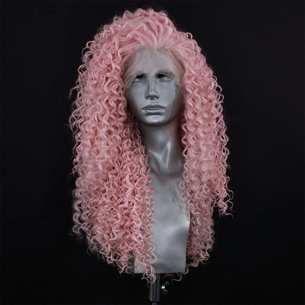 High Quality Synthetic Fibre Pastel Pink Blend Human Hair Heat Resistant Curly Texture Lace Front Wig Side Part Thick Curls