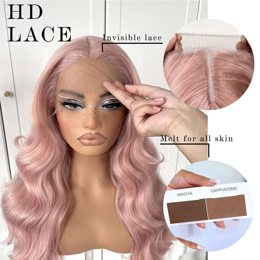 Rose Pink Synthetic Front Wigs 26 Inch Body Wave Colored Glueless Pre Plucked Party Lace Wig For Women Cosplay