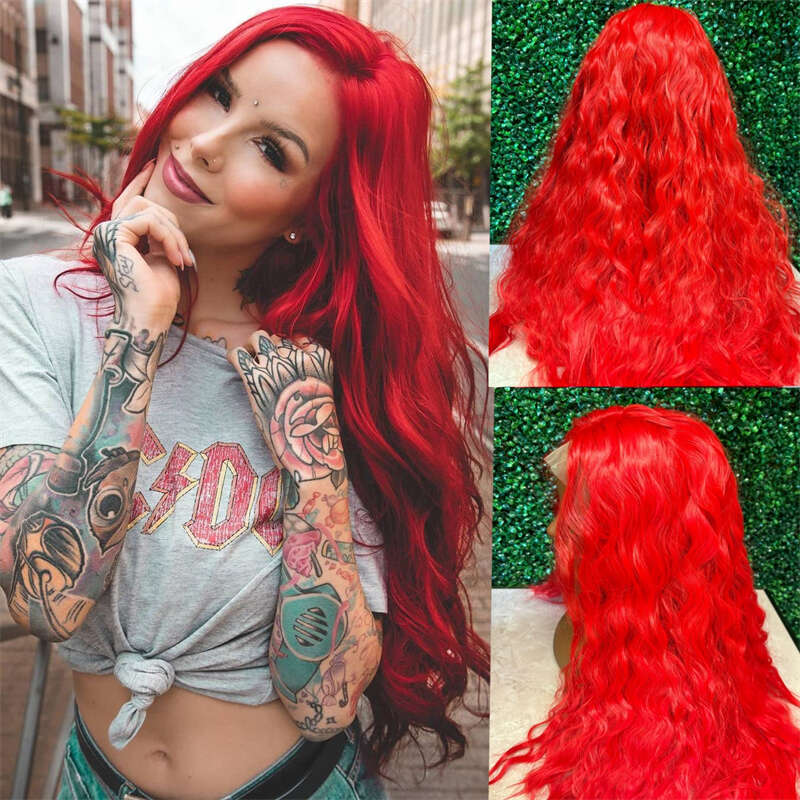 26 Inches Front Red Hair Body Synthetic Water Wave Wig For Black Women Ginger Transparent Lace Wigs