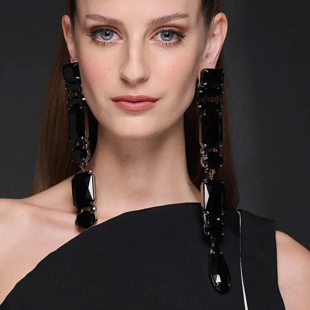 Stonefans Banquet Catwalk Black Crystal Earrings Dangle Jewelry Women Geometric Shape Exaggerated Long Tassel Earrings Party 240914