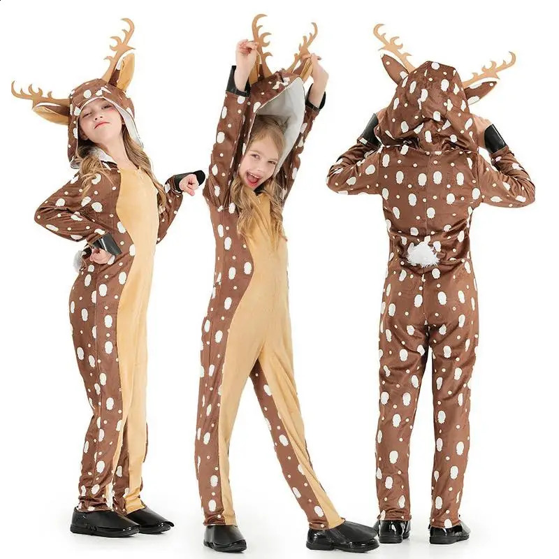 Kids Reindeer Costume Girls Deer Costume Unisex Crystal Velvet Warm Christmas Onesie For Role Play Party Cosplay Pajamas C2510236