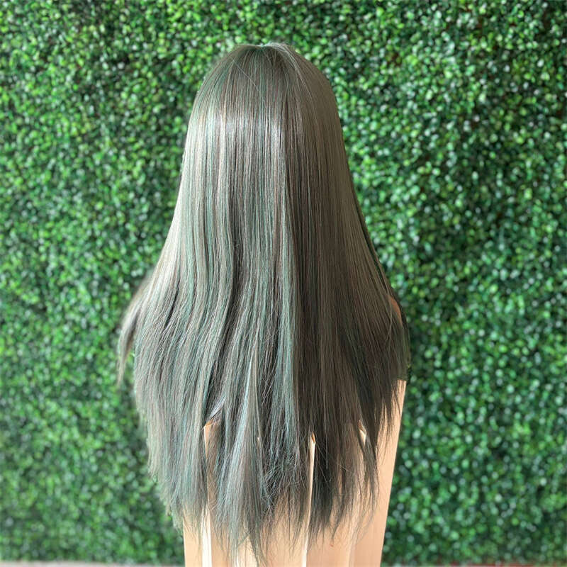 13X4 Ombre Dark Front Straight Synthetic Wig Long Green Colored Hair Lace Frontal Wigs For Women Heat Fiber