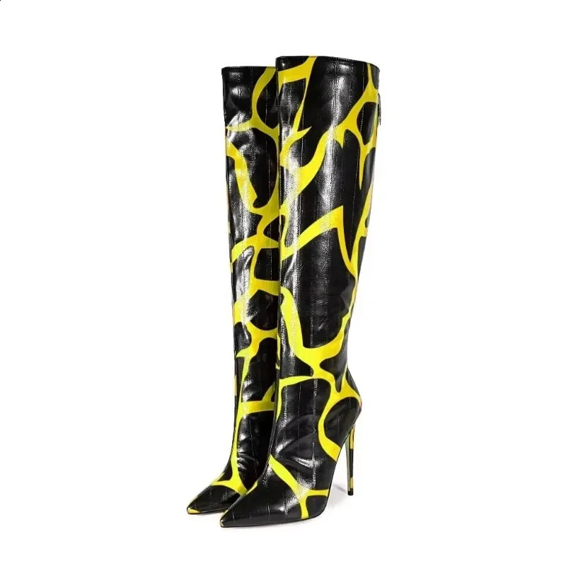 European American Style Slim Heels with Color Blocked Zippers Knee High Boots Womens Sexy Runway and Banquet Shoes 240906 4