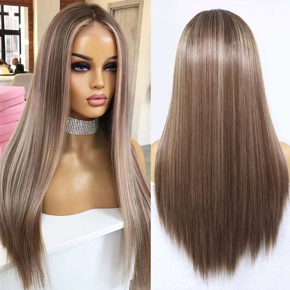 Brown Highlight Synthetic Lace Front Wigs Dark Roots 13X3 Colored Silky Straight Blonde Pre Plucked Wig For Women