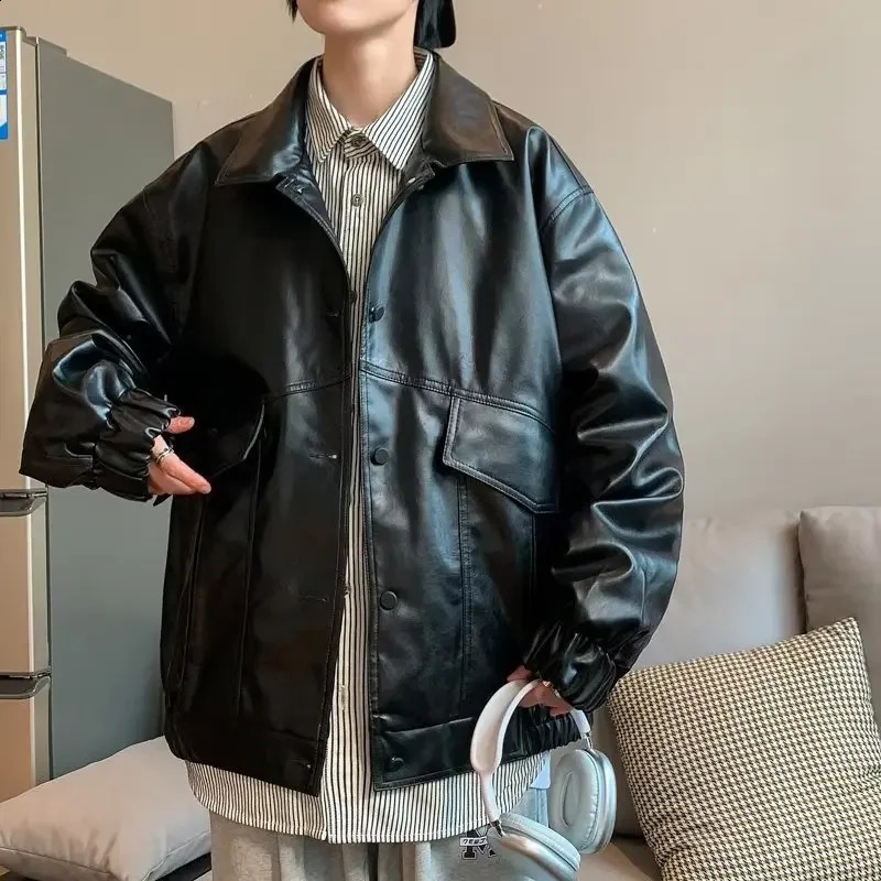 Trendy Korean Style Spring Autumn Flying Aviation Pilot Jacket Loosefit Mens Leather Biker Versatile Pu Coat 240905