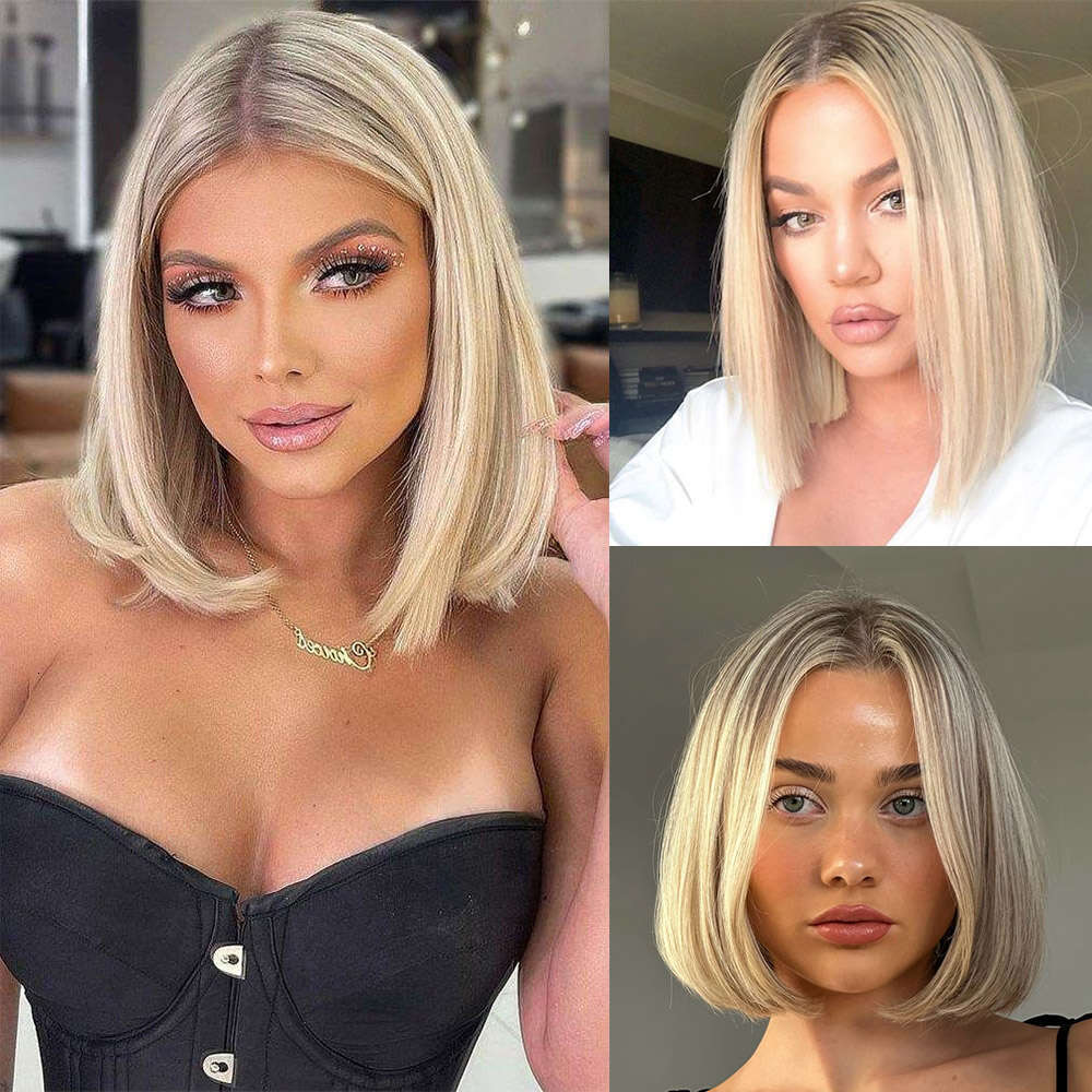 Highlight Blonde Synthetic 12 Inch Ombre Short Lace Front Bob Wigs Straight Dark Roots Glueless Wig For Women Daily Party