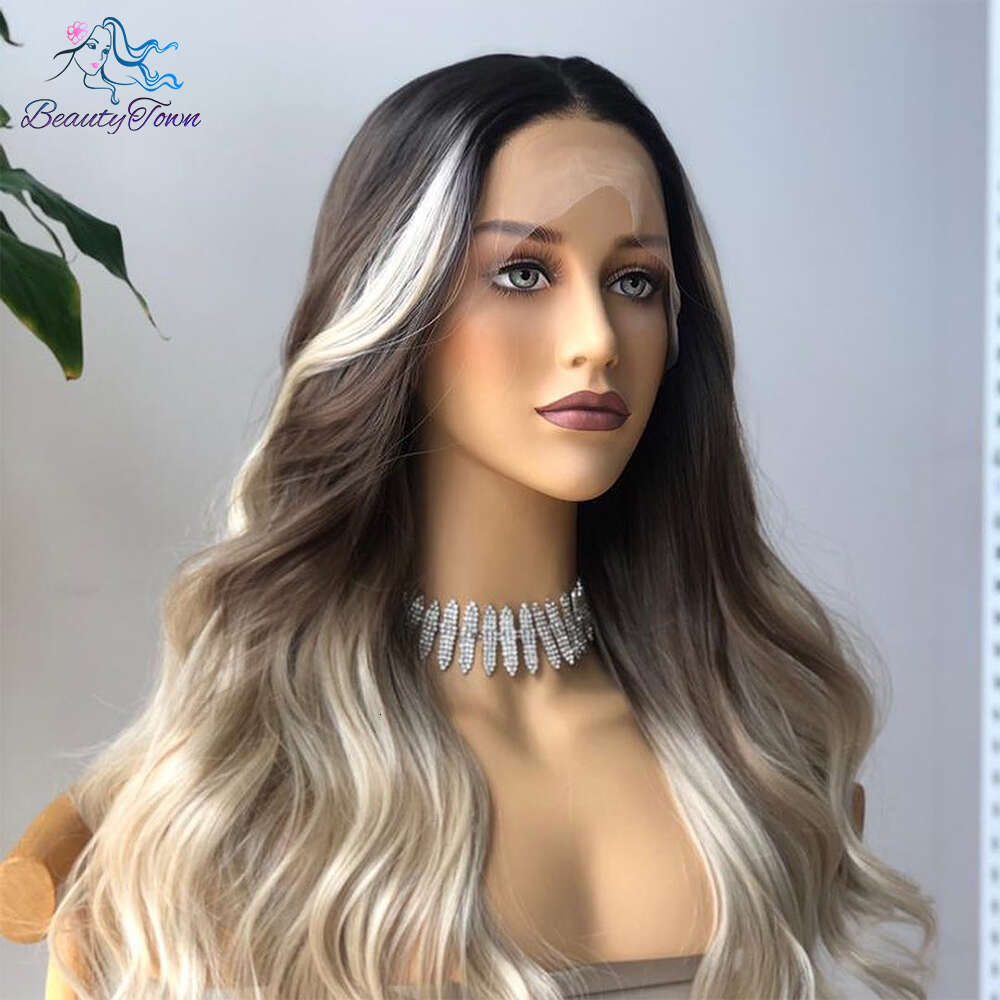 Grey 13X3 Synthetic Lace Front Ombre Brown Blonde Body Wave Wigs For Women Heat Resistant Cosplay Daily Use Wig 180%