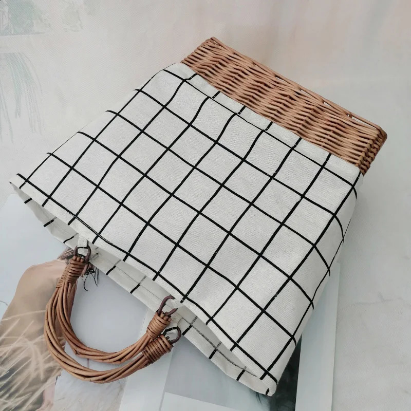 Rattan womens handbag striped plain canvas patchwork straw bag large tote shopping Bohemian summer beach 240913
