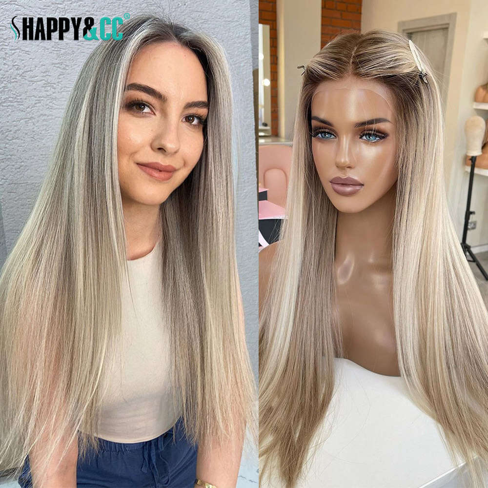 Highlight Blonde Straight Synthetic Front Wigs Ombre Dark Roots Lace For Women Cosplay 613 Colored Glueless Wig Party