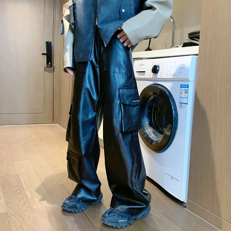 autumn mens Pu leather pants wide leg cargo handcart motorcycle streetwear multi pocket elastic waist black runner M-XXL 240913