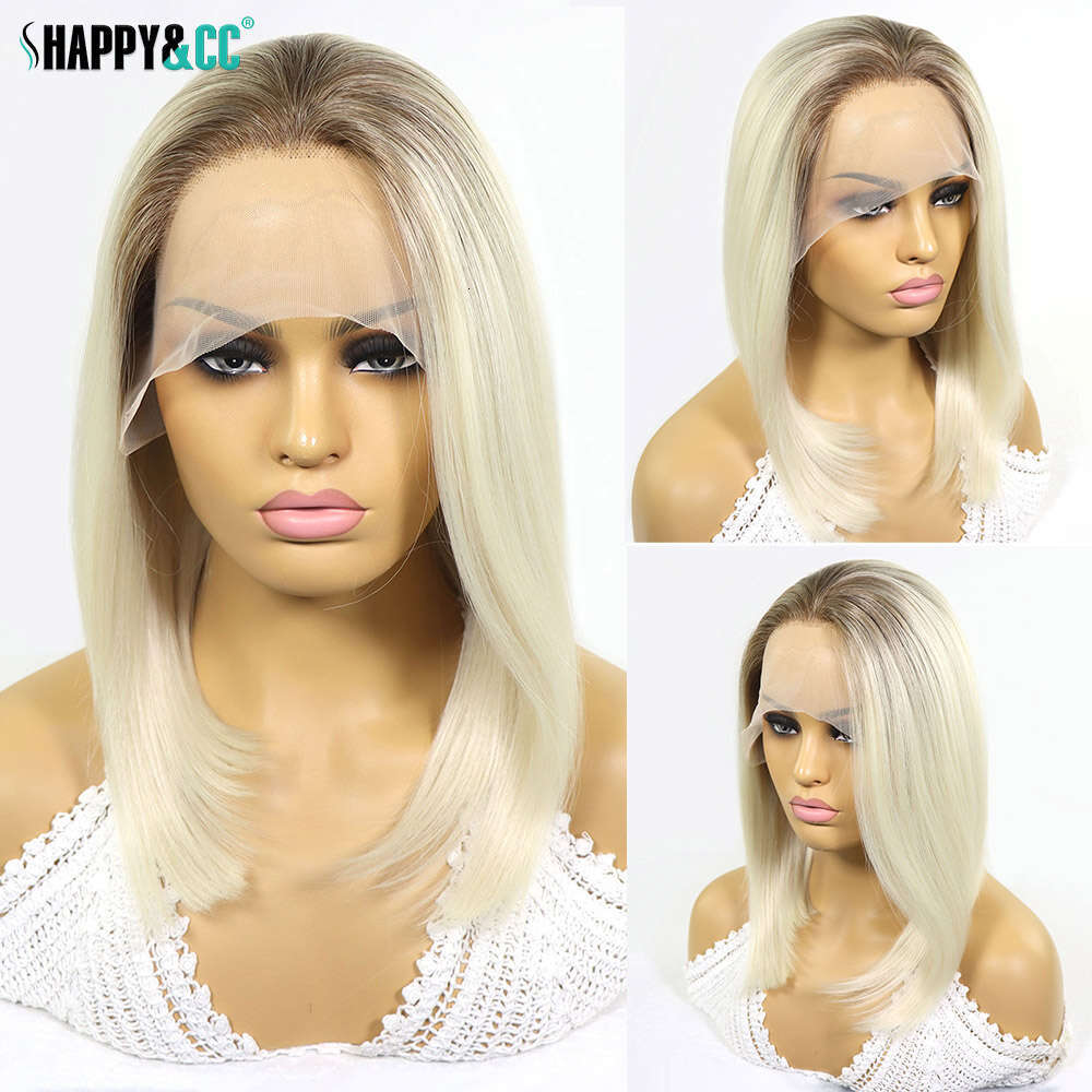Ash Short Bob Front Wigs For Women Straight Dark Roots Blonde Synthetic Lace Frontal Heat Resistant Colored Wig