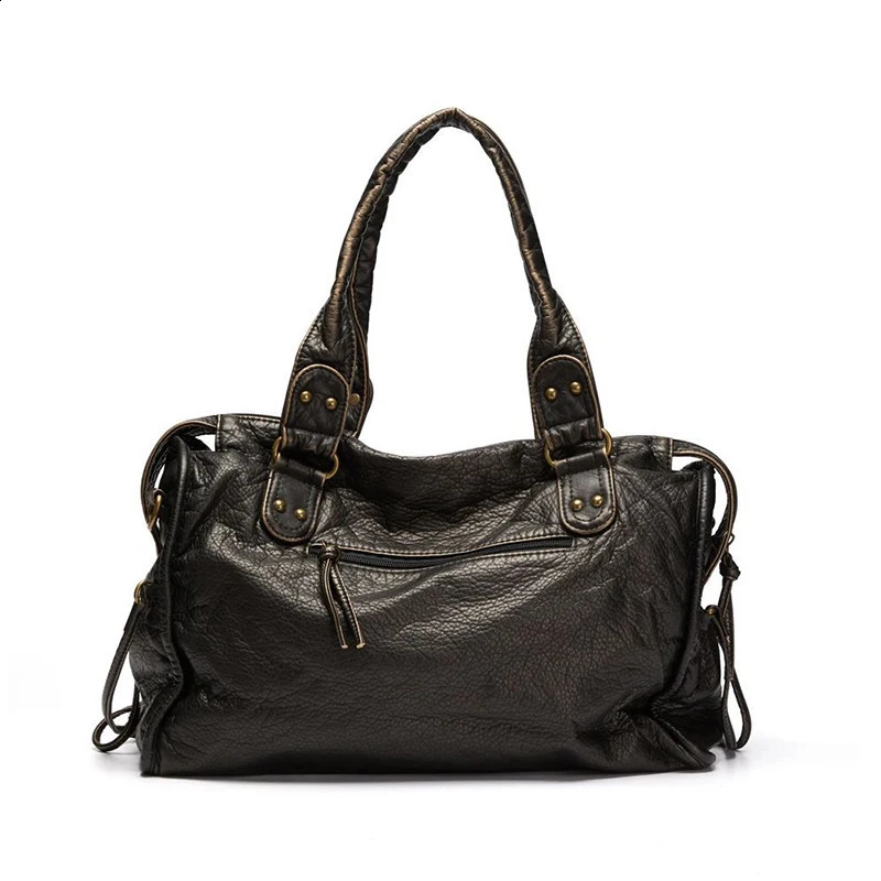 French Retro Motorcycle Bag Single Shoulder Crossbody Tote Bag Women Large Capacity Washed Soft Leather Bag 240913