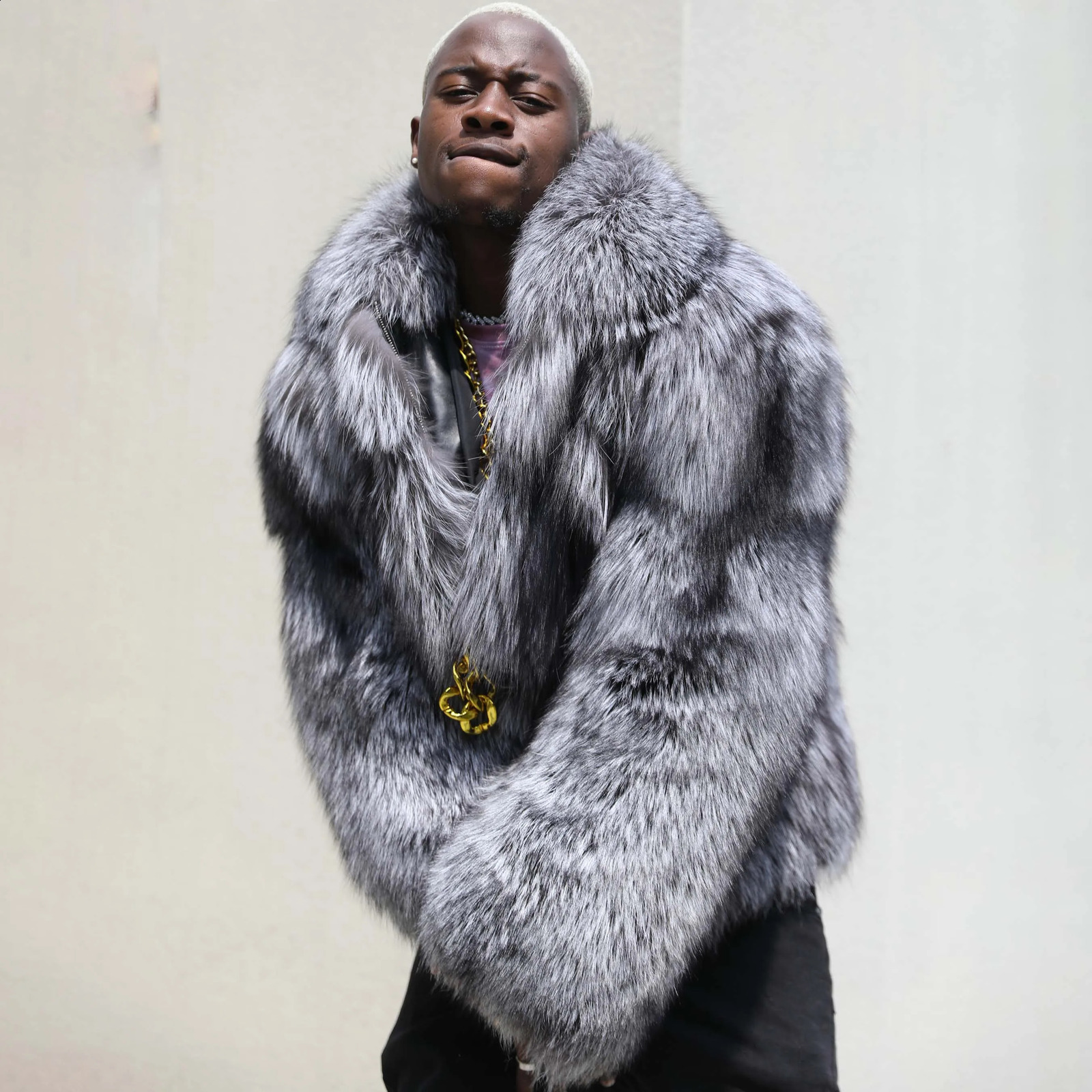 Men Winter Coat Orignal Thick Real Silver Fox Fur Over Coat Real Fox Fur Jacket 240905