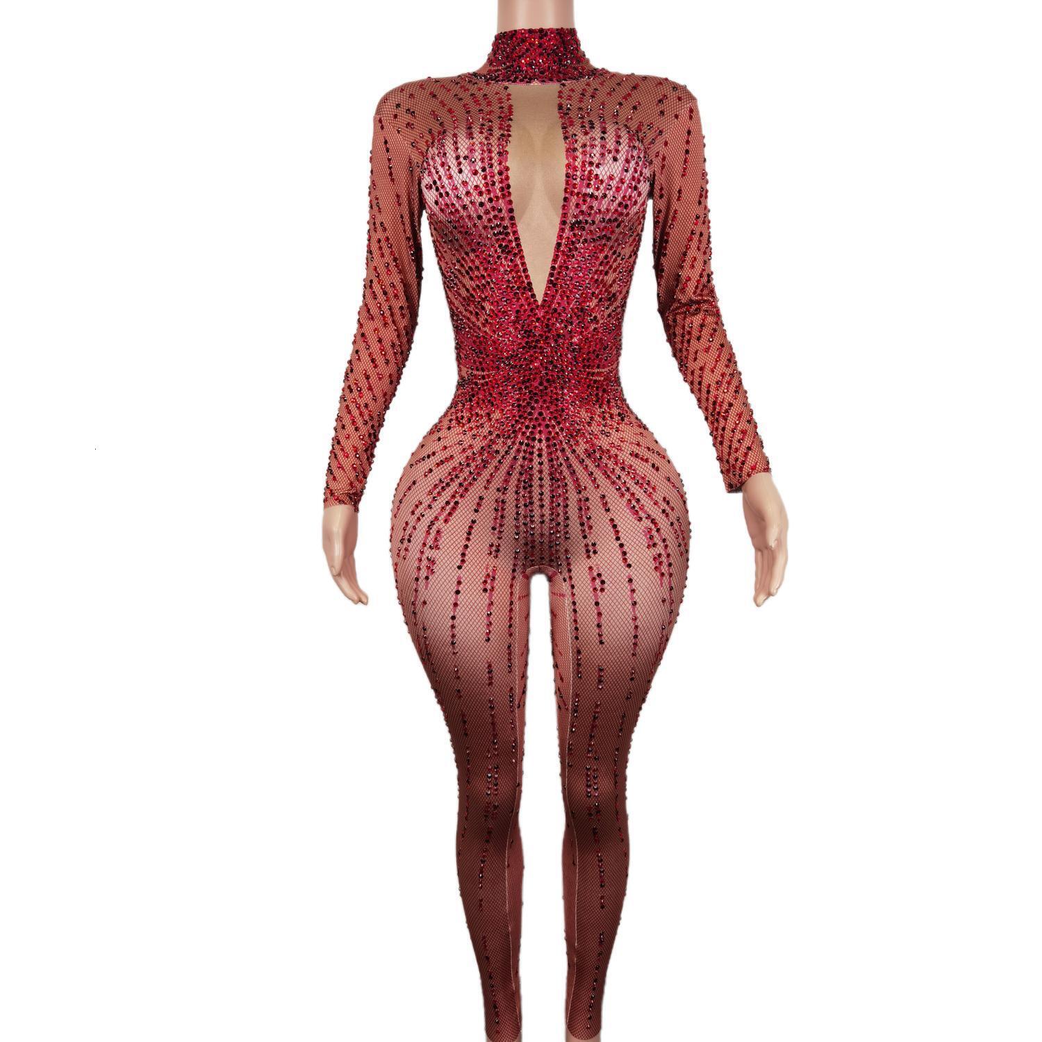 Sparkle Red Dia Bodysuits Women Bodycon Long Sleeve Leotards V-Neck Stage Costumes Ladies Sexy Rhie One Piece Jumpsuit