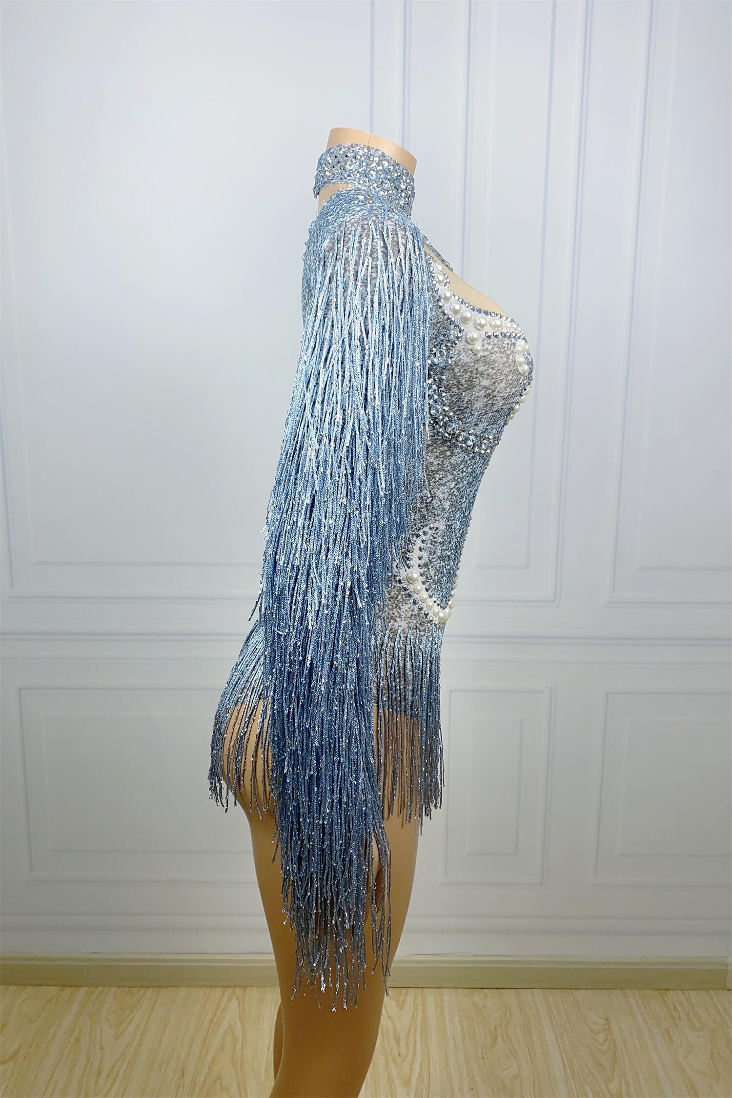 Sparkly Rhies Sexy Long Sleeves Tassel Pearls One Piece Short Jumpsuit Outfits Dancewear Women Stage Performance Bodysuit