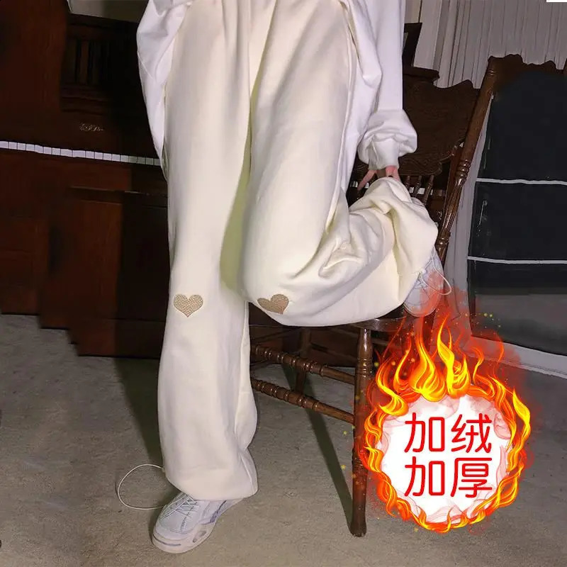 Womens autumn and winter Korean style loose solid color high waist thin wide leg womens trend fully matched wool sports pants 240913