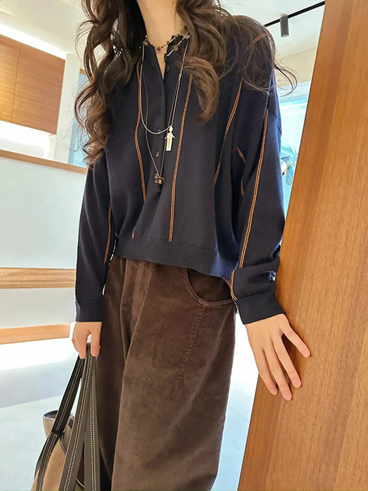 Women Wool Blend Vertical Stripes Sweater ONeck Long Sleeve Early Autumn Lady Elegant Fashion Knit Cardigan 240904